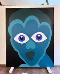 a painting of a blue face with blue eyes